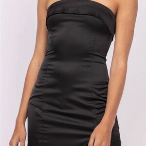 Black strapless mini dress satin